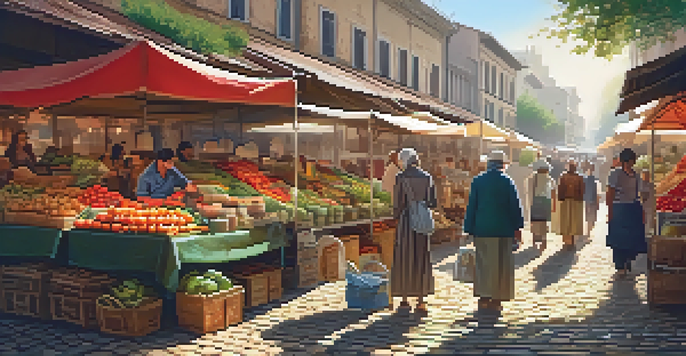 A lively market filled with colorful stalls and people shopping and conversing, bathed in warm sunlight.