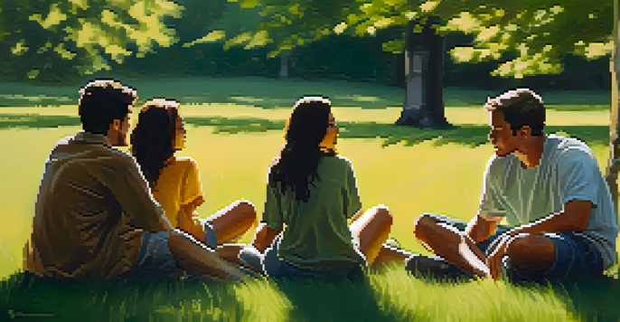 A diverse group of friends sitting in a circle on a grassy field, engaged in conversation under warm sunlight.