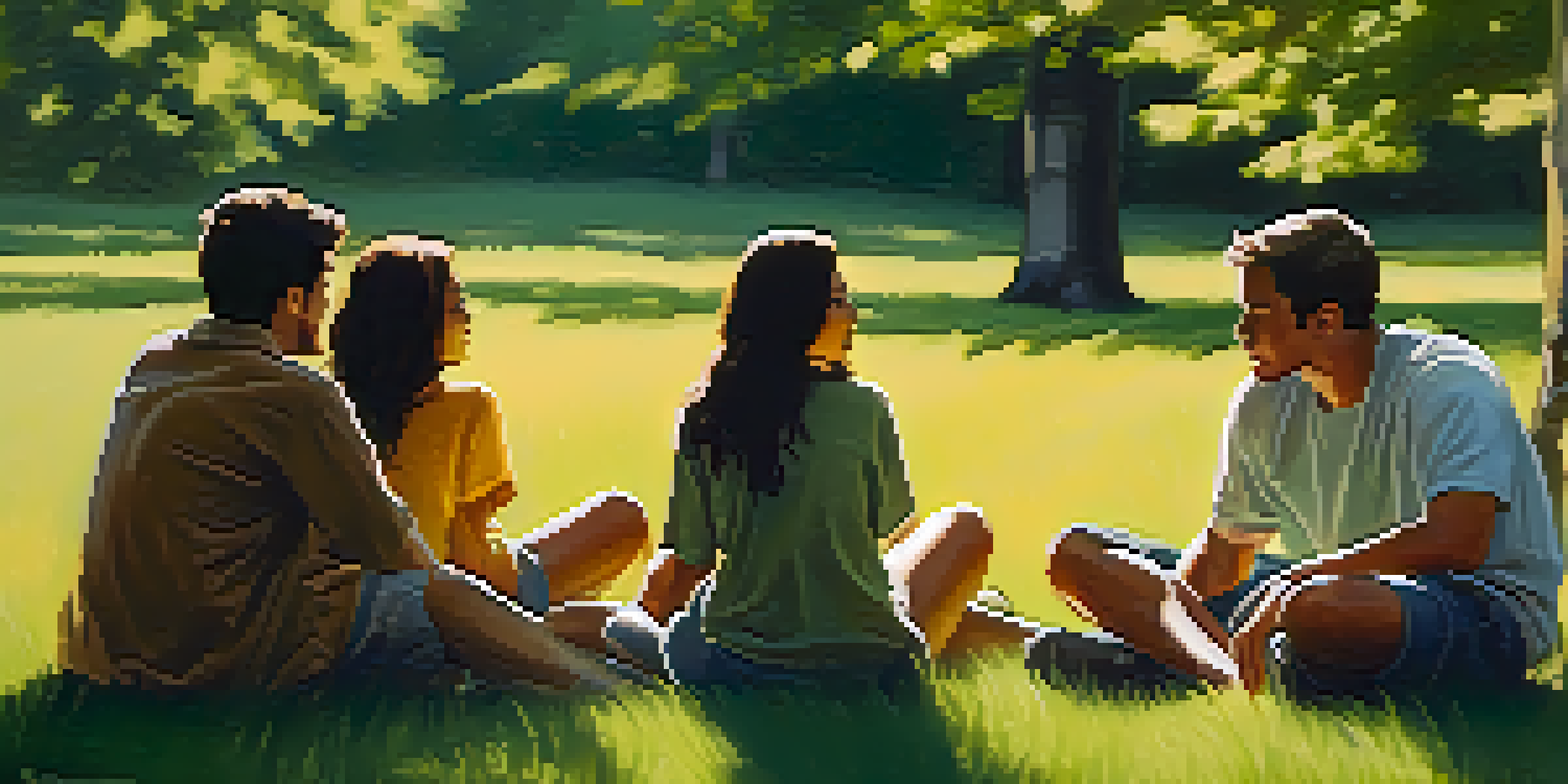 A diverse group of friends sitting in a circle on a grassy field, engaged in conversation under warm sunlight.