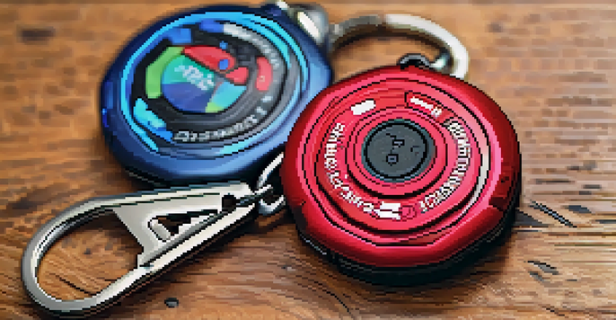 A detailed close-up of a colorful self-defense keychain with a personal alarm on a wooden surface, illuminated by soft natural light.