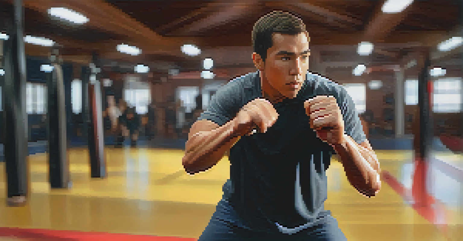 A person practicing self-defense punches in a home gym, showcasing strength and determination.