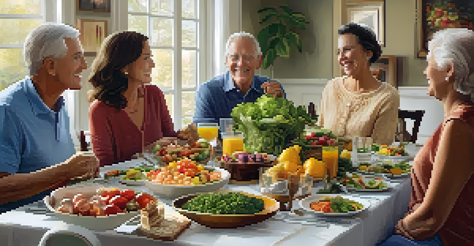 A family gathering with seniors enjoying healthy food and lively conversation.