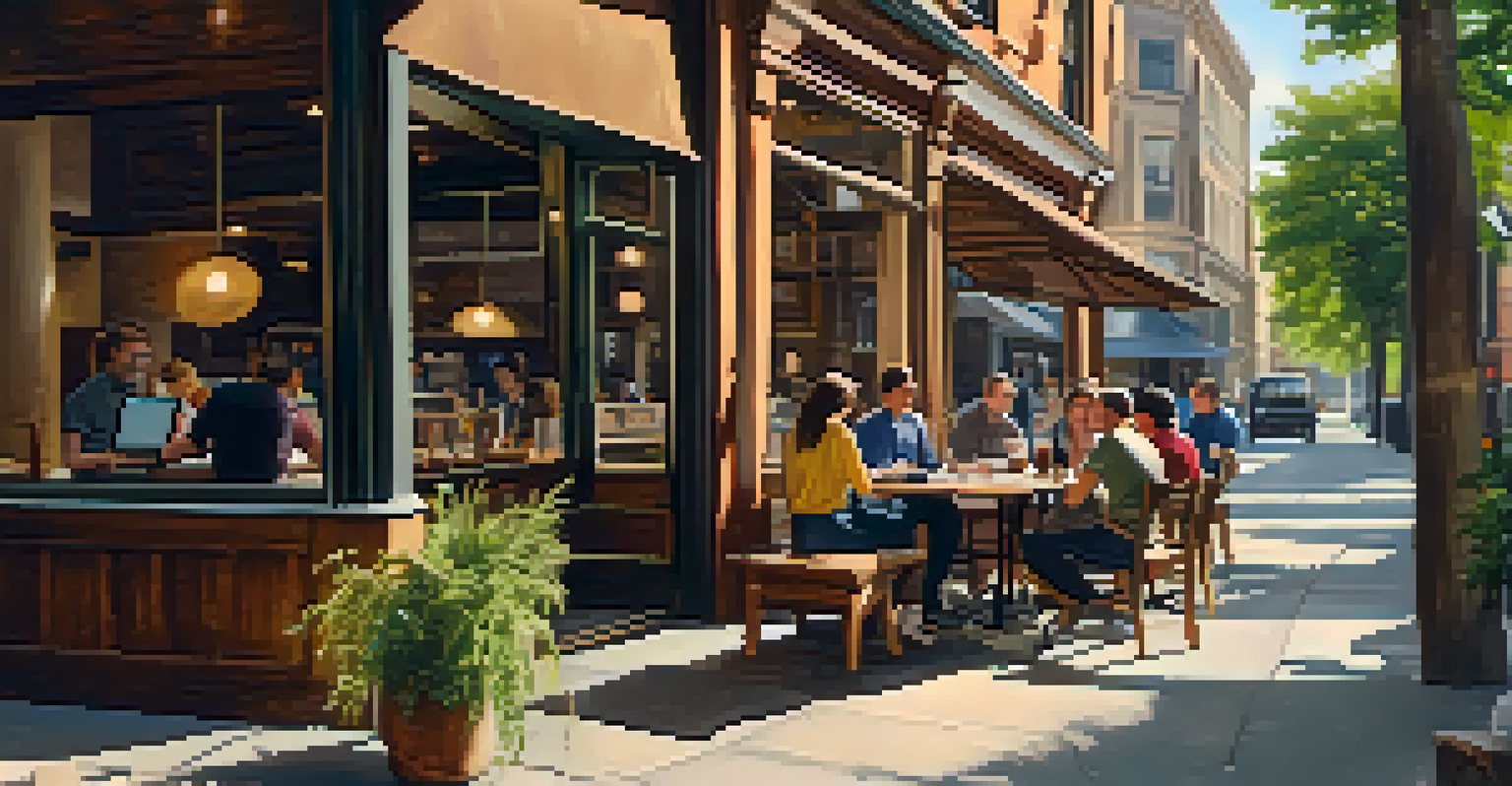 An urban coffee shop with a person working on a laptop, warm lighting, and a view of a busy street.