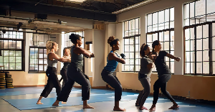 A group of diverse women practicing self-defense techniques in a bright studio, with one woman demonstrating a palm strike and others observing.