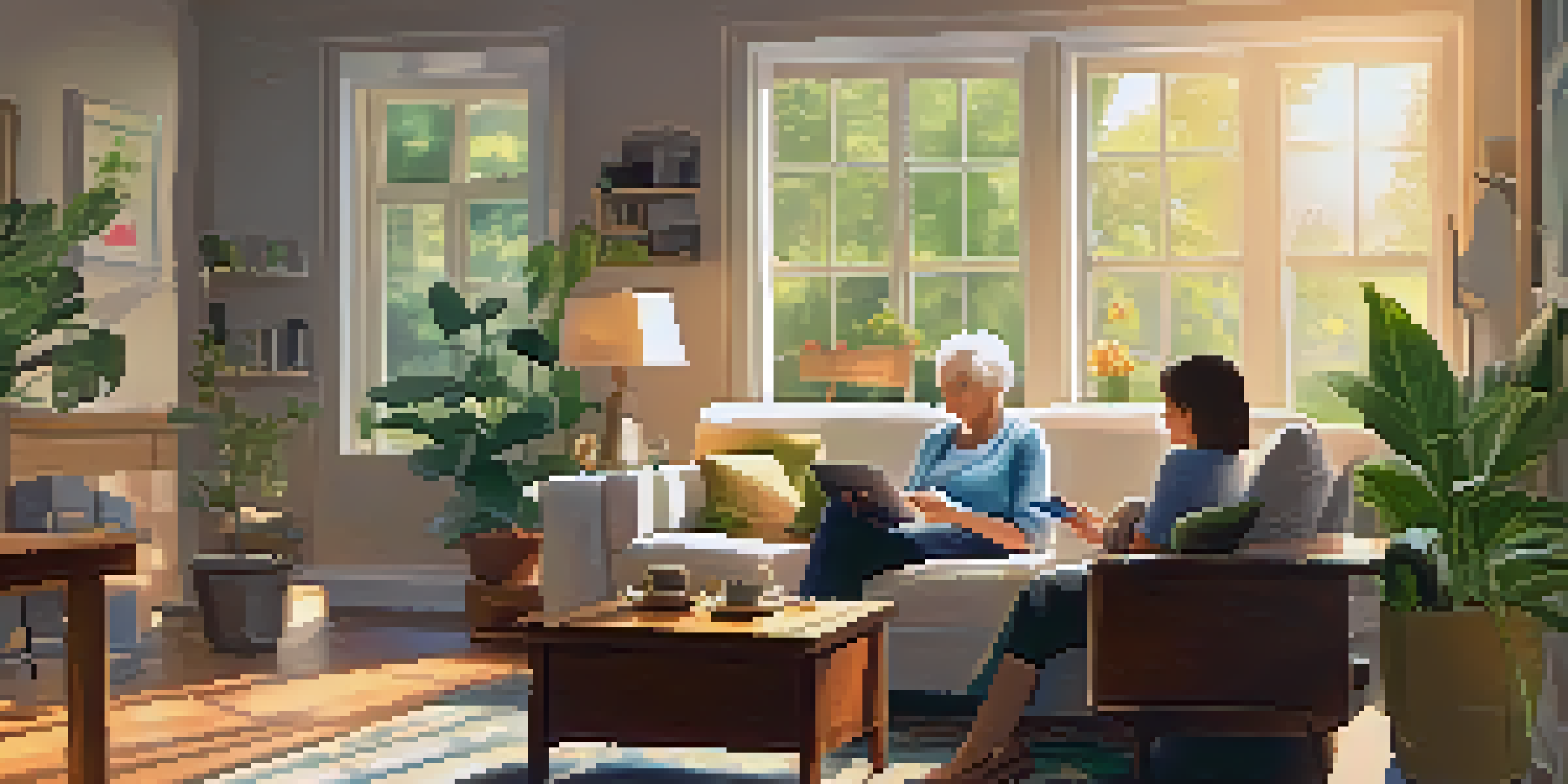 A senior woman sitting on a sofa, using a tablet in a bright, cozy living room filled with plants and family photos.