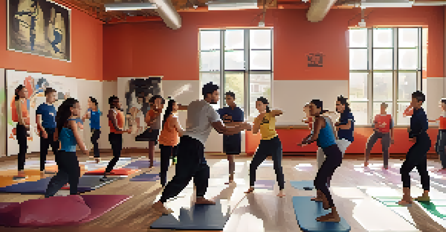 A self-defense instructor demonstrating techniques to a diverse group of engaged students in a vibrant training environment.