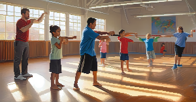 A family of various ages practicing self-defense techniques in a well-lit gym, showing cooperation and focus.