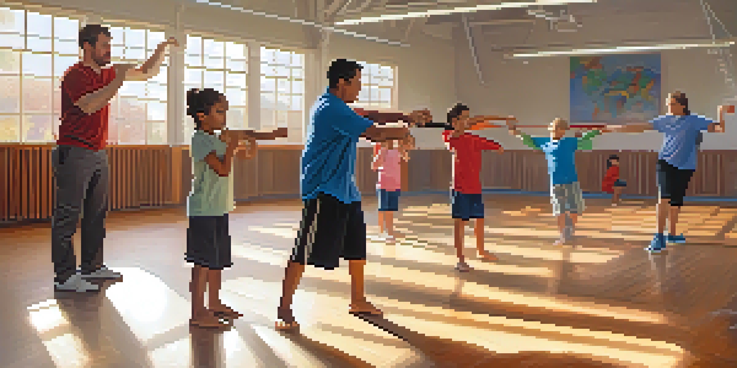 A family of various ages practicing self-defense techniques in a well-lit gym, showing cooperation and focus.
