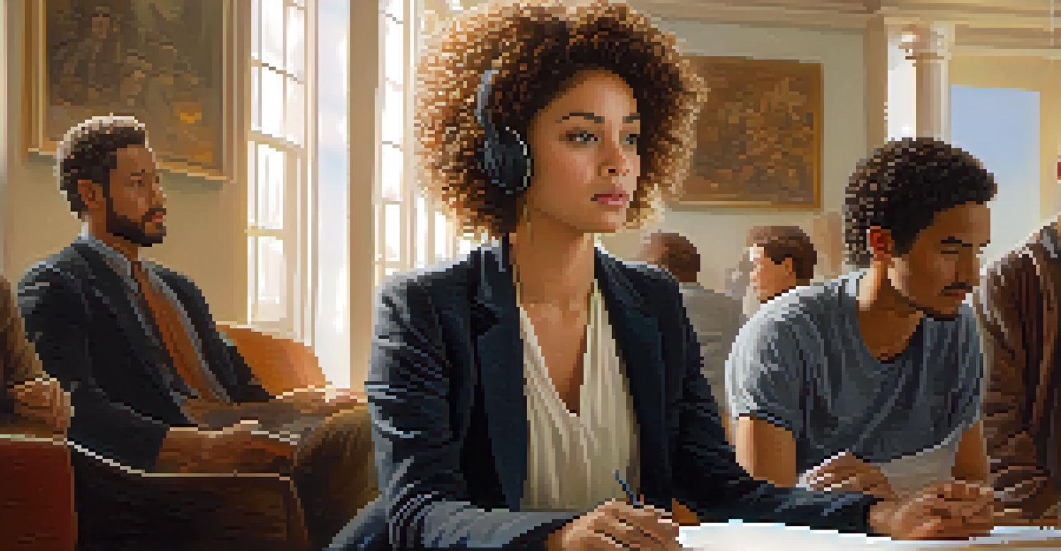 A young female negotiator showing empathy and active listening, with a compassionate expression in a softly lit room filled with diverse individuals.