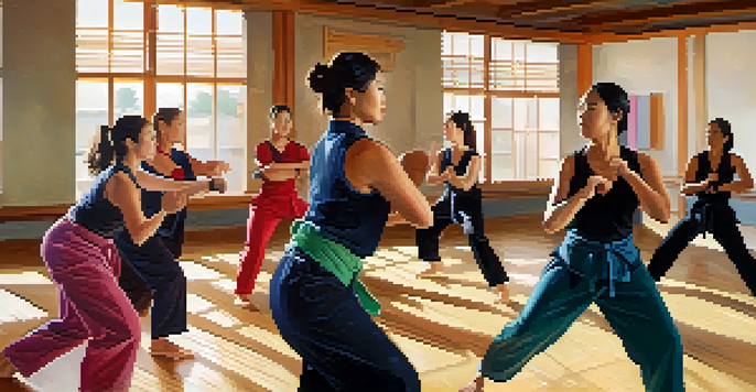 A diverse group of women practicing self-defense techniques in a bright dojo, showcasing determination and teamwork.