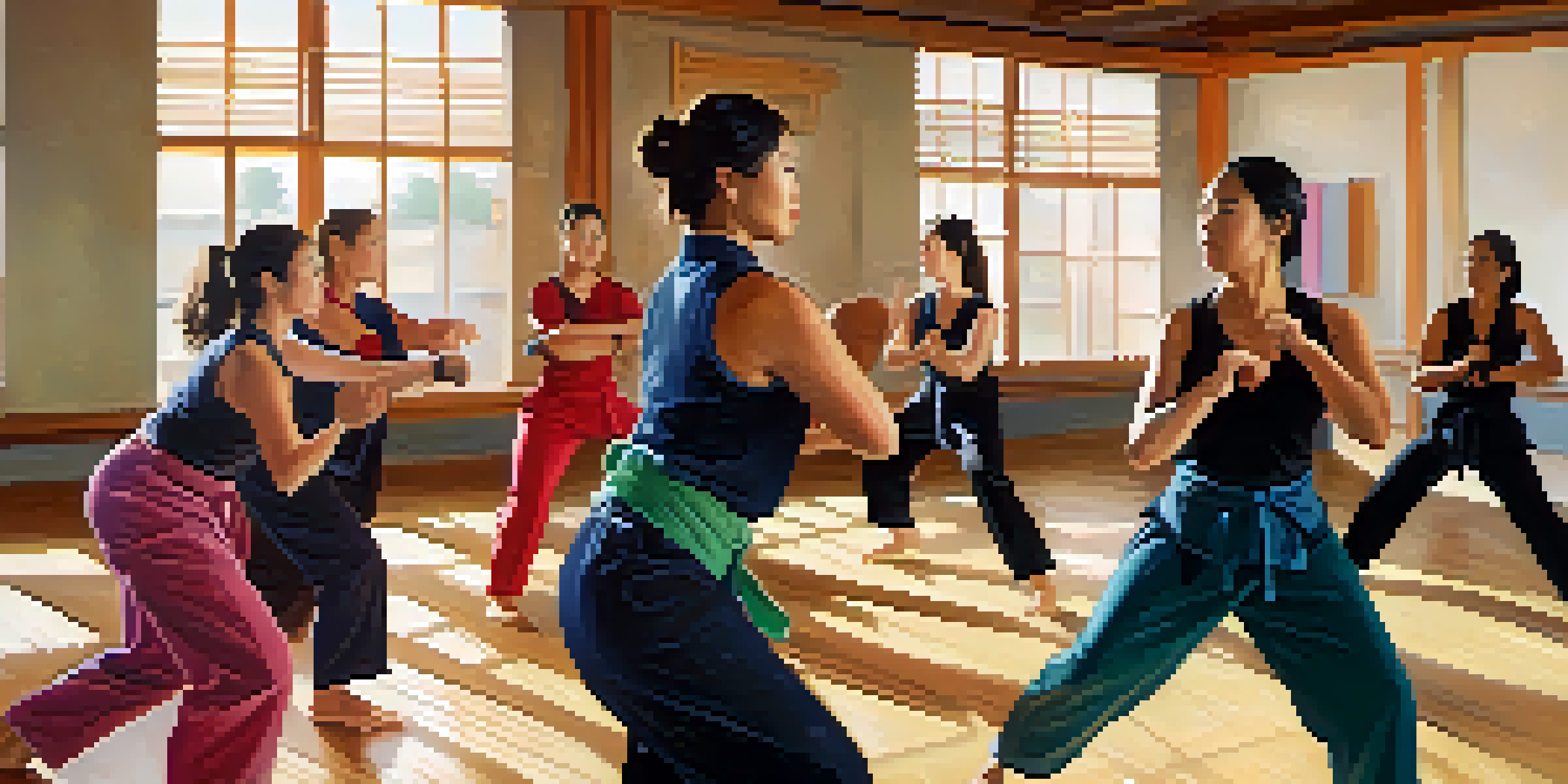 A diverse group of women practicing self-defense techniques in a bright dojo, showcasing determination and teamwork.