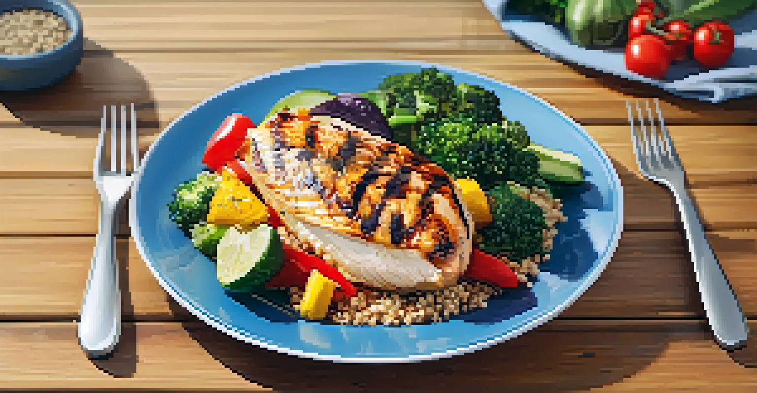 A healthy post-workout meal with grilled chicken, quinoa, and vegetables on a wooden table.