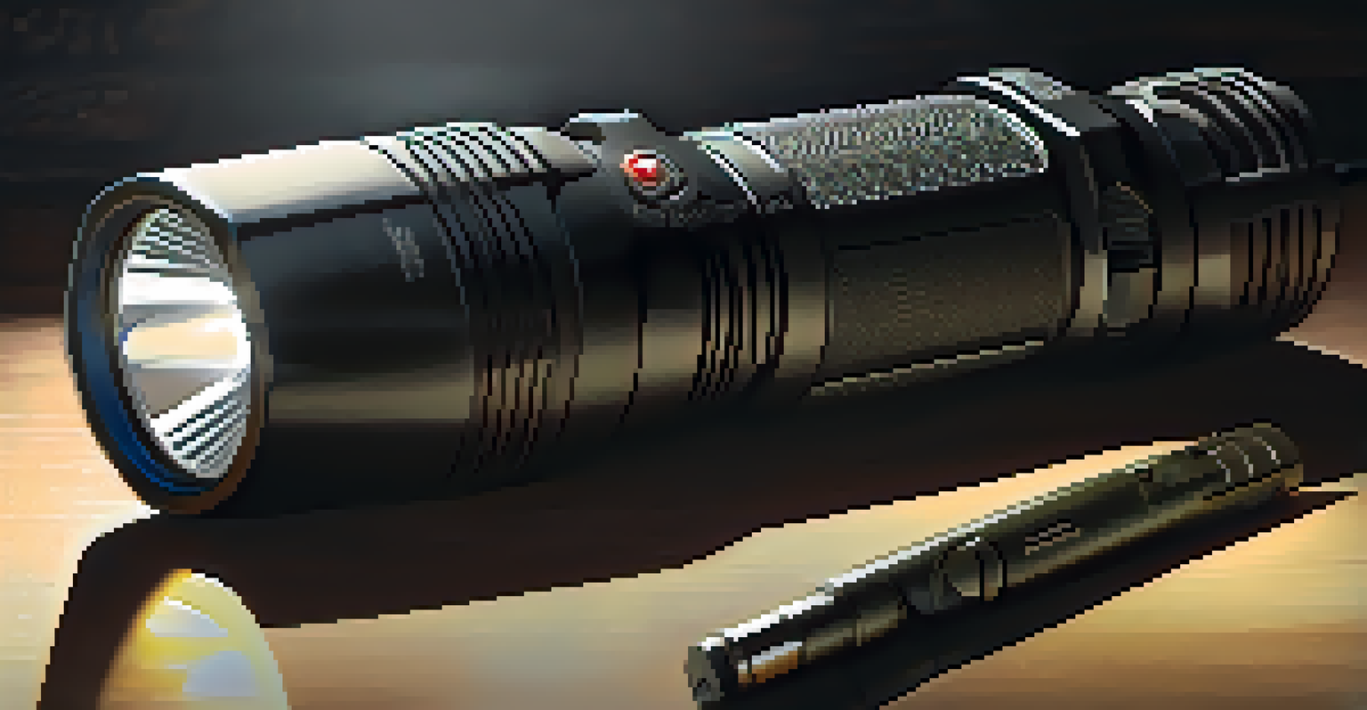 A close-up view of a tactical flashlight with a rechargeable battery on a table, showcasing its features under soft lighting.