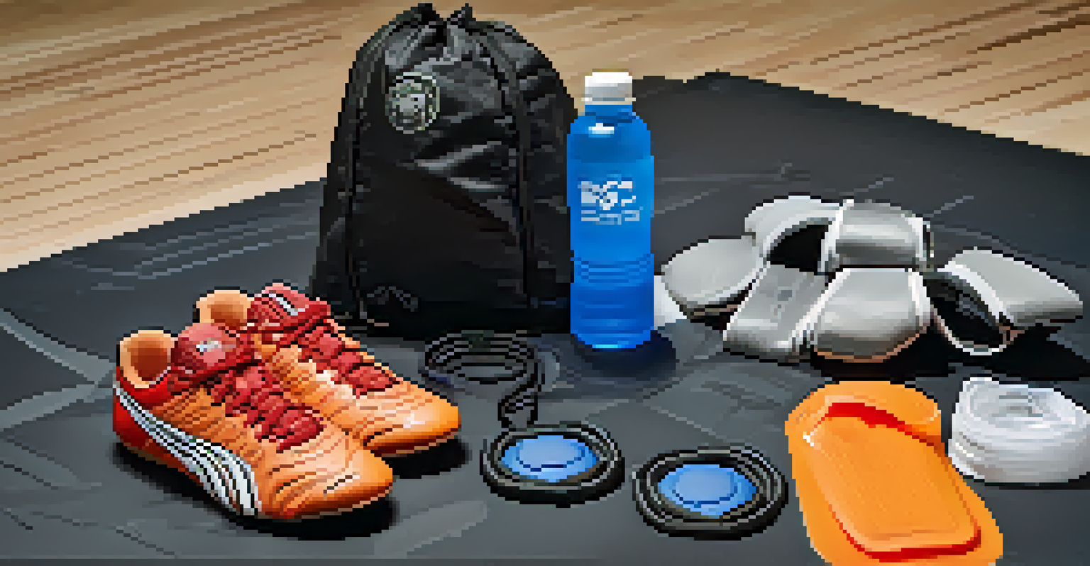 Essential self-defense training gear displayed on a mat, including athletic wear, shoes, a water bottle, and protective equipment.