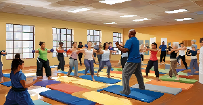 A diverse group of individuals practicing self-defense techniques in a well-lit classroom, highlighting the importance of technique and confidence over physical strength.