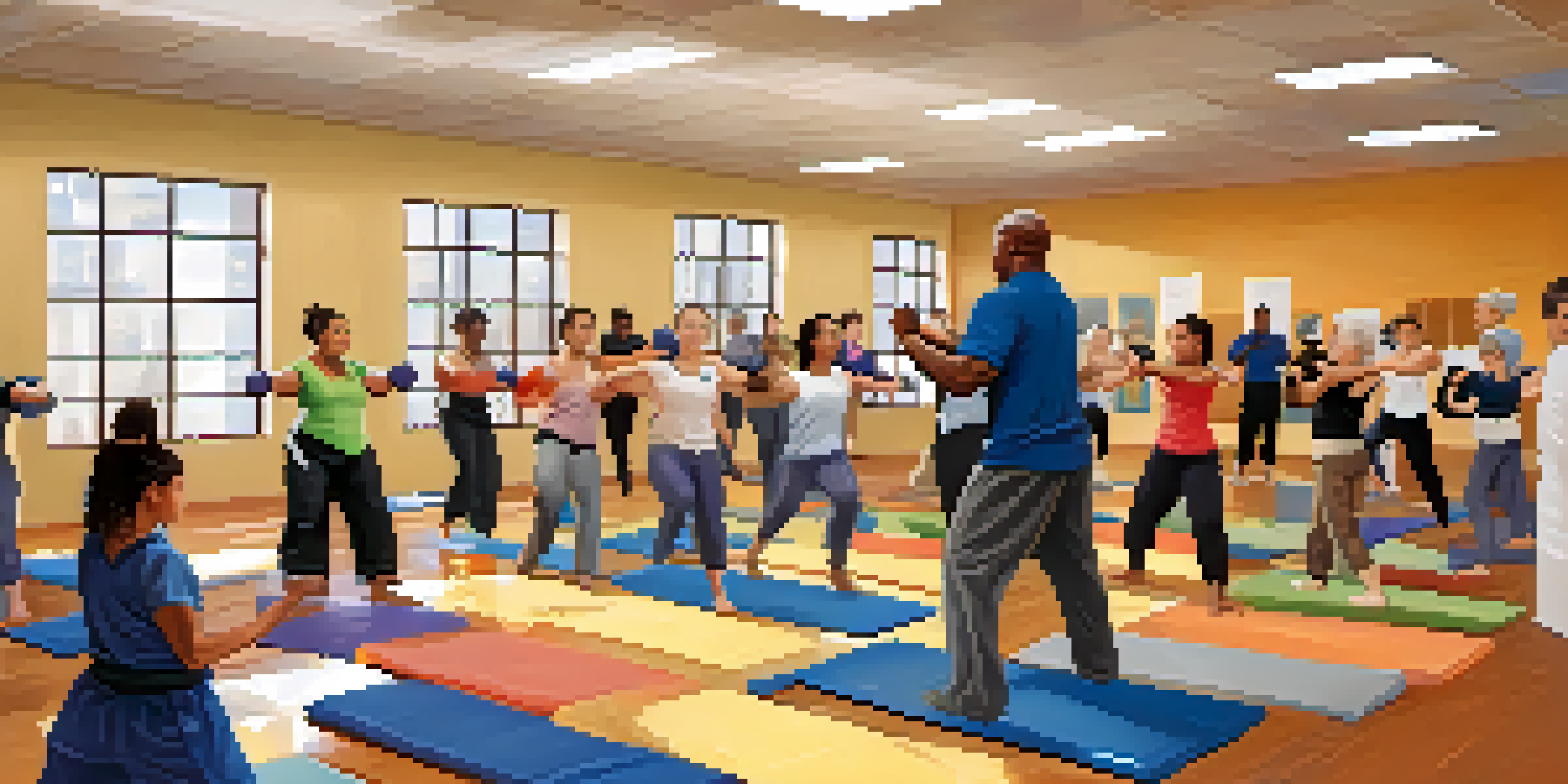 A diverse group of individuals practicing self-defense techniques in a well-lit classroom, highlighting the importance of technique and confidence over physical strength.