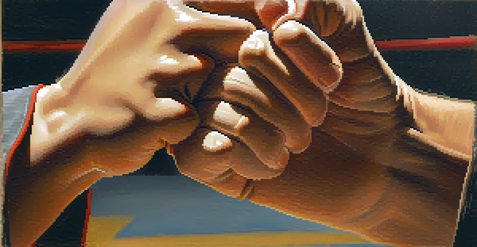 A close-up view of hands demonstrating a self defense grip, focusing on the technique and training gear.