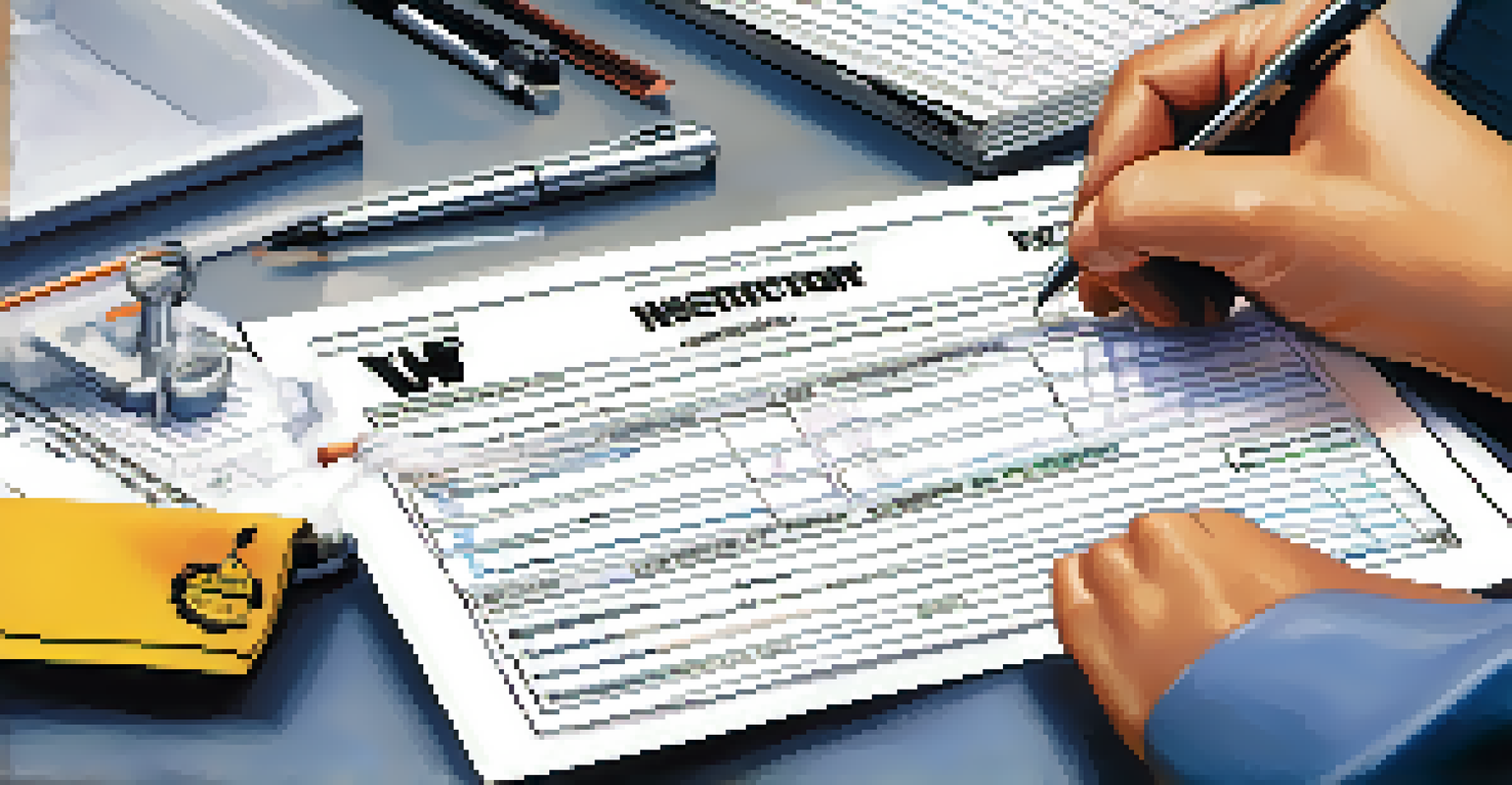 Close-up of hands filling out a safety inspection checklist in an office setting, with a computer screen and safety helmet in the background.