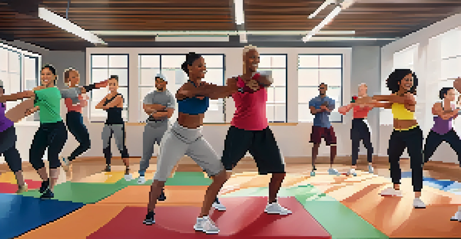 A diverse group of fitness professionals practicing self-defense together, fostering a sense of community and support in a vibrant training space.