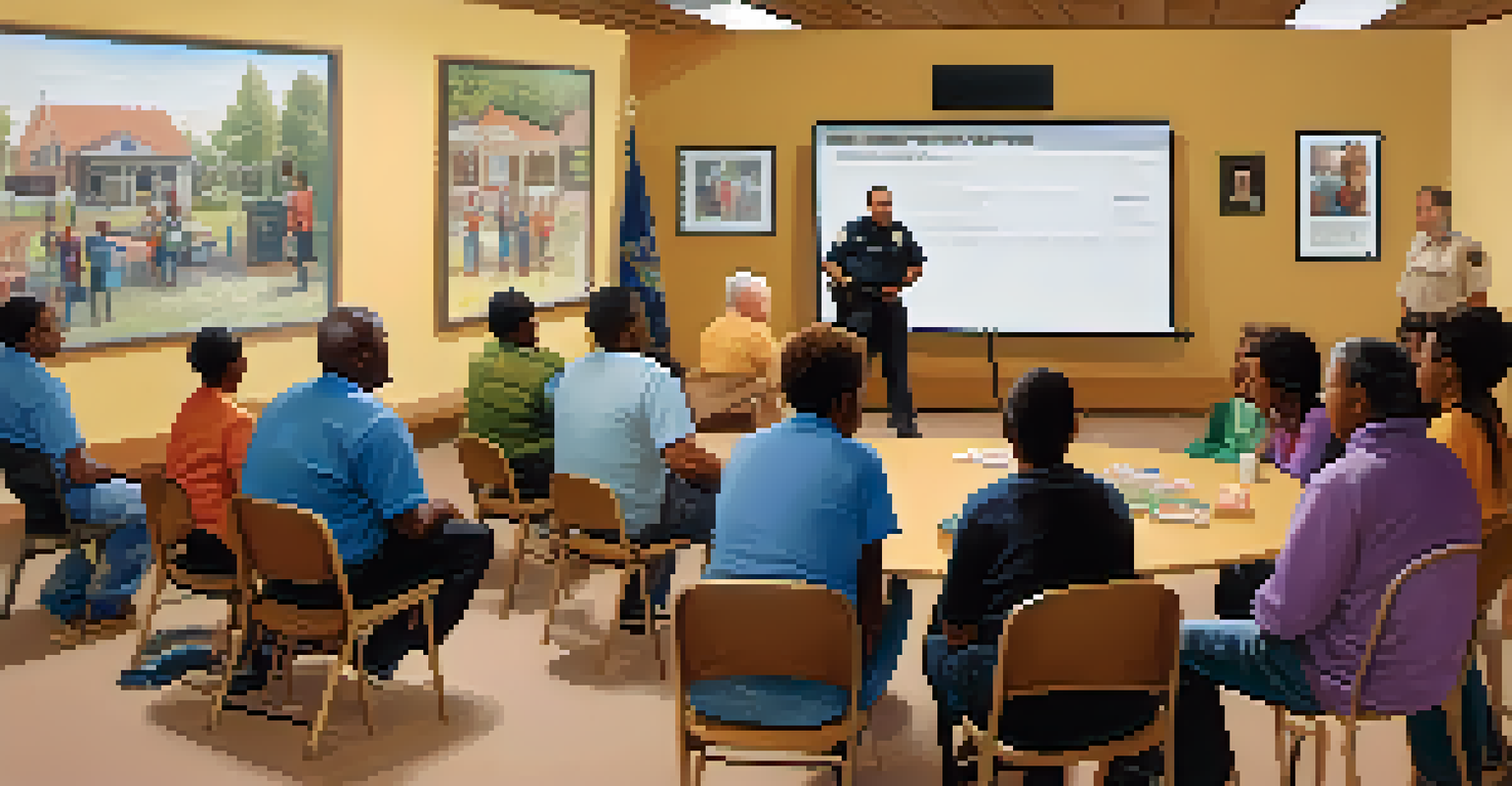 A neighborhood watch meeting in a community center, where residents discuss safety with a police officer, highlighting collaboration.