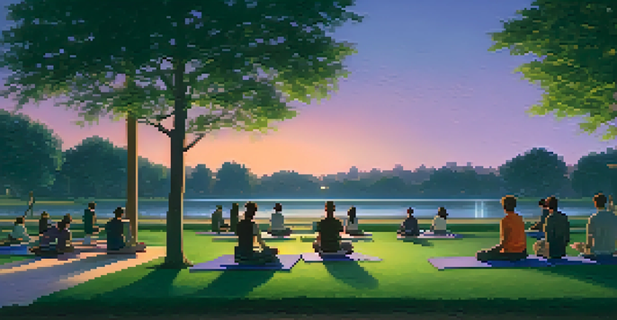 A diverse group of people practicing mindfulness in a serene urban park at twilight, surrounded by greenery and soft lighting.