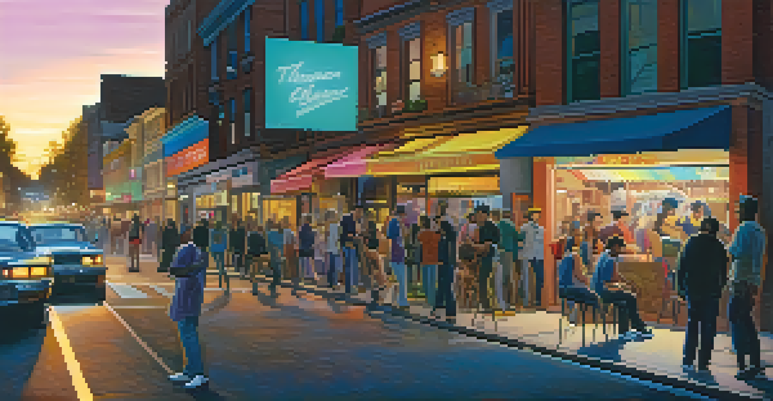 A busy urban street corner with people and neon lights at night, featuring a street musician.