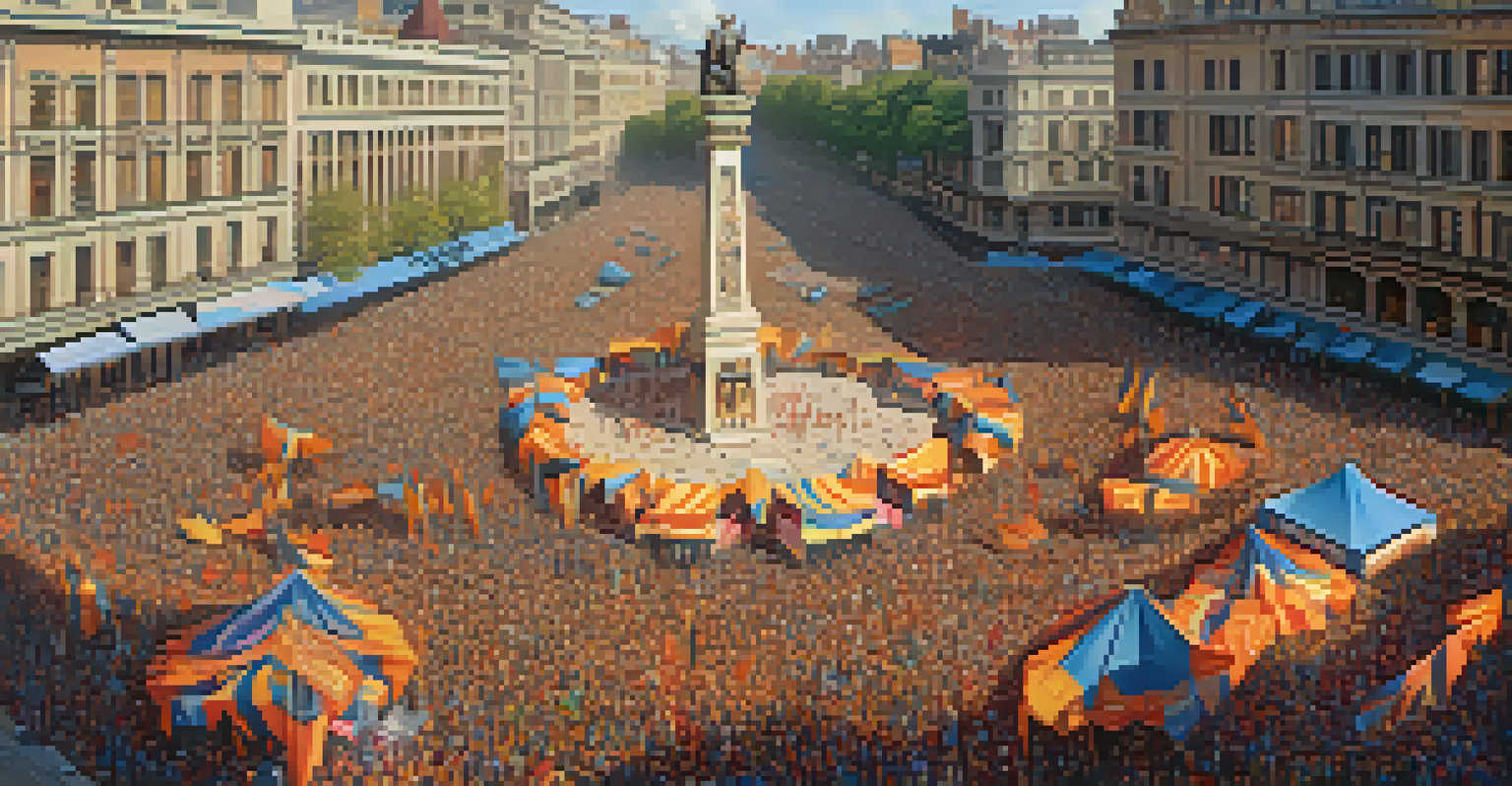An aerial view of a vibrant protest gathering in a city square, filled with people and colorful banners.