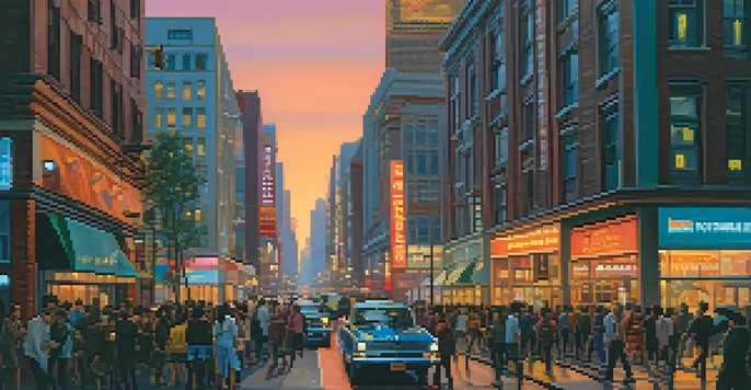 An urban street scene filled with diverse people walking among brightly lit buildings and neon signs at dusk.