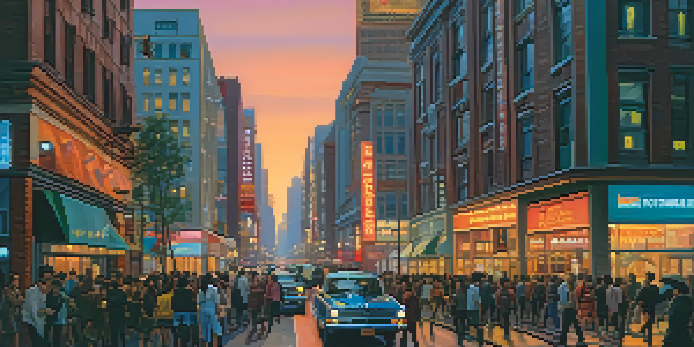 An urban street scene filled with diverse people walking among brightly lit buildings and neon signs at dusk.