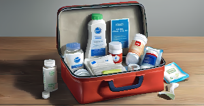 A first aid kit opened on a wooden table, displaying various medical supplies in a well-organized manner.