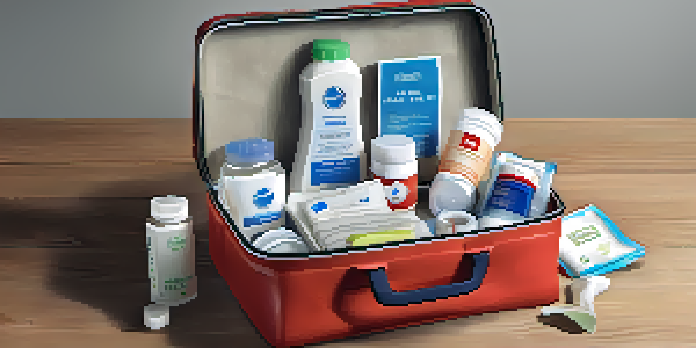 A first aid kit opened on a wooden table, displaying various medical supplies in a well-organized manner.