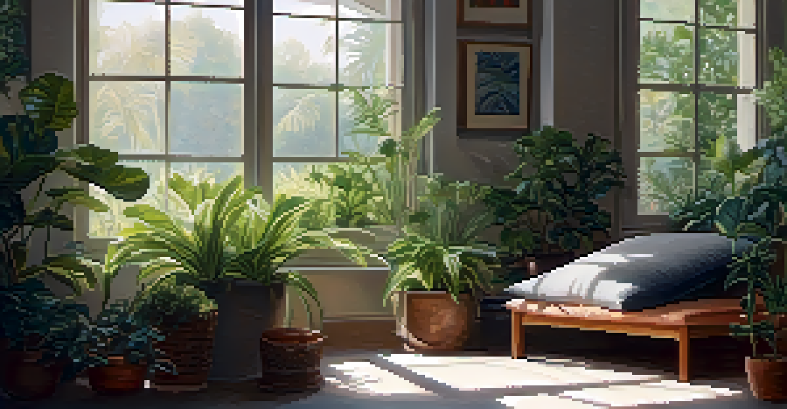 A person practicing deep breathing in a tranquil room filled with plants and soft cushions, illuminated by natural light.