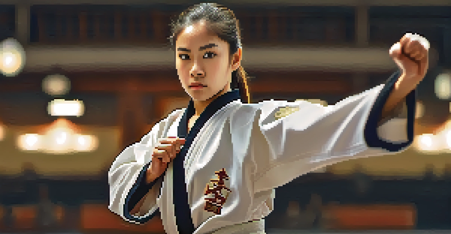 A close-up of a young woman in a martial arts uniform, exuding confidence and readiness in a defensive stance.