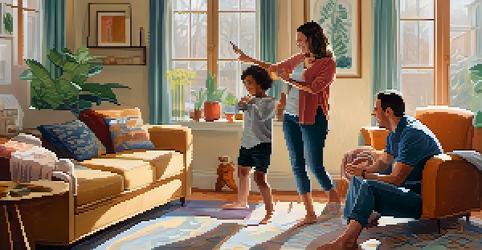 Expecting parents practicing self-defense in a cozy living room, surrounded by baby items and soft lighting.