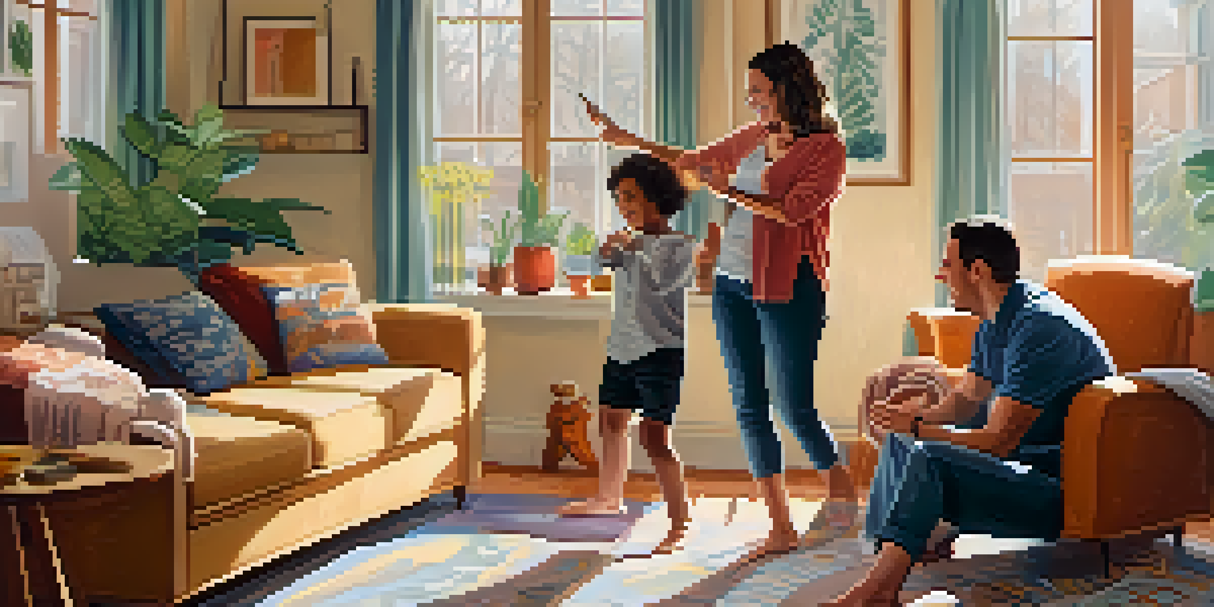 Expecting parents practicing self-defense in a cozy living room, surrounded by baby items and soft lighting.