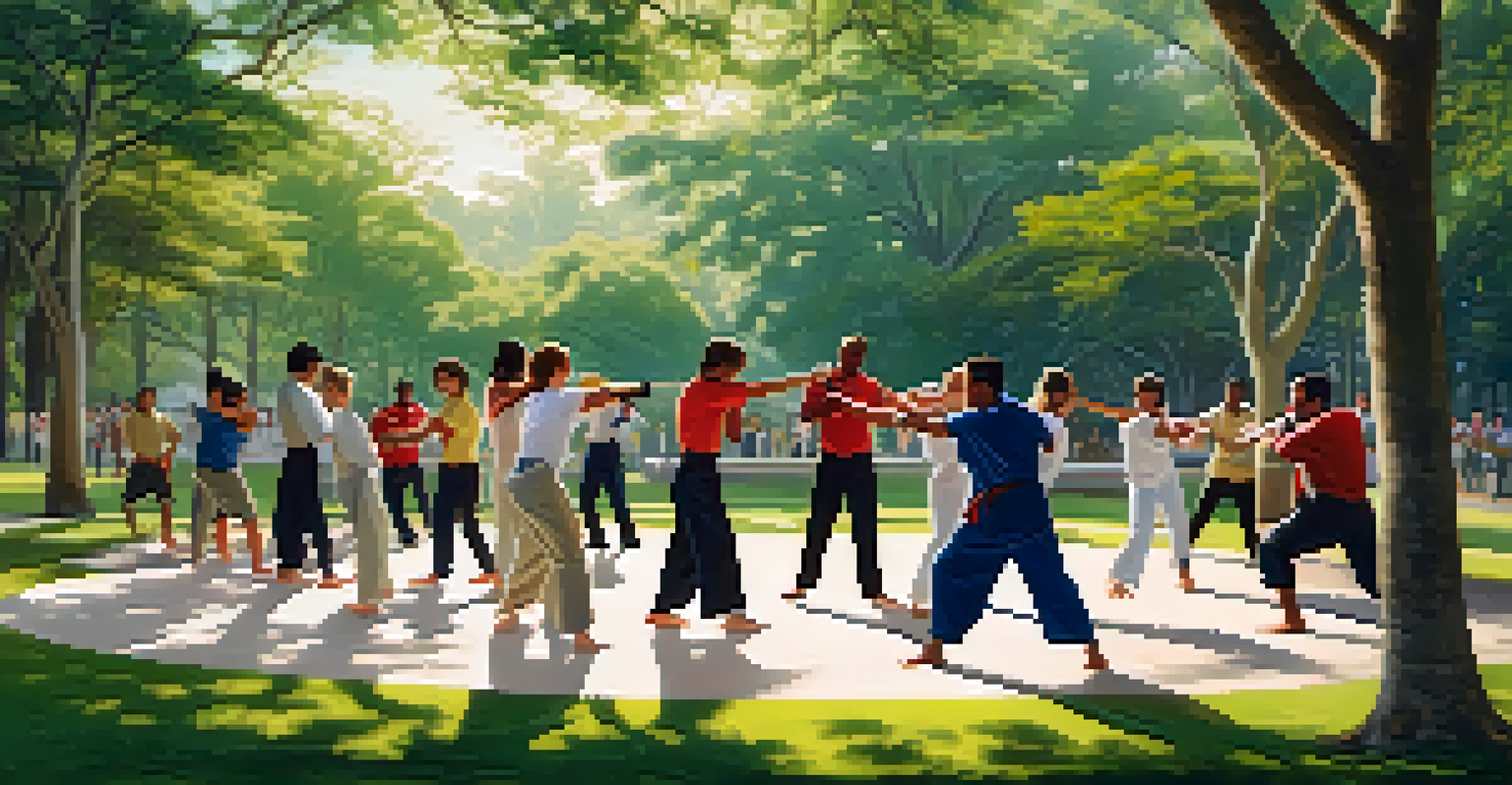 Individuals practicing self-defense techniques in a peaceful park setting.