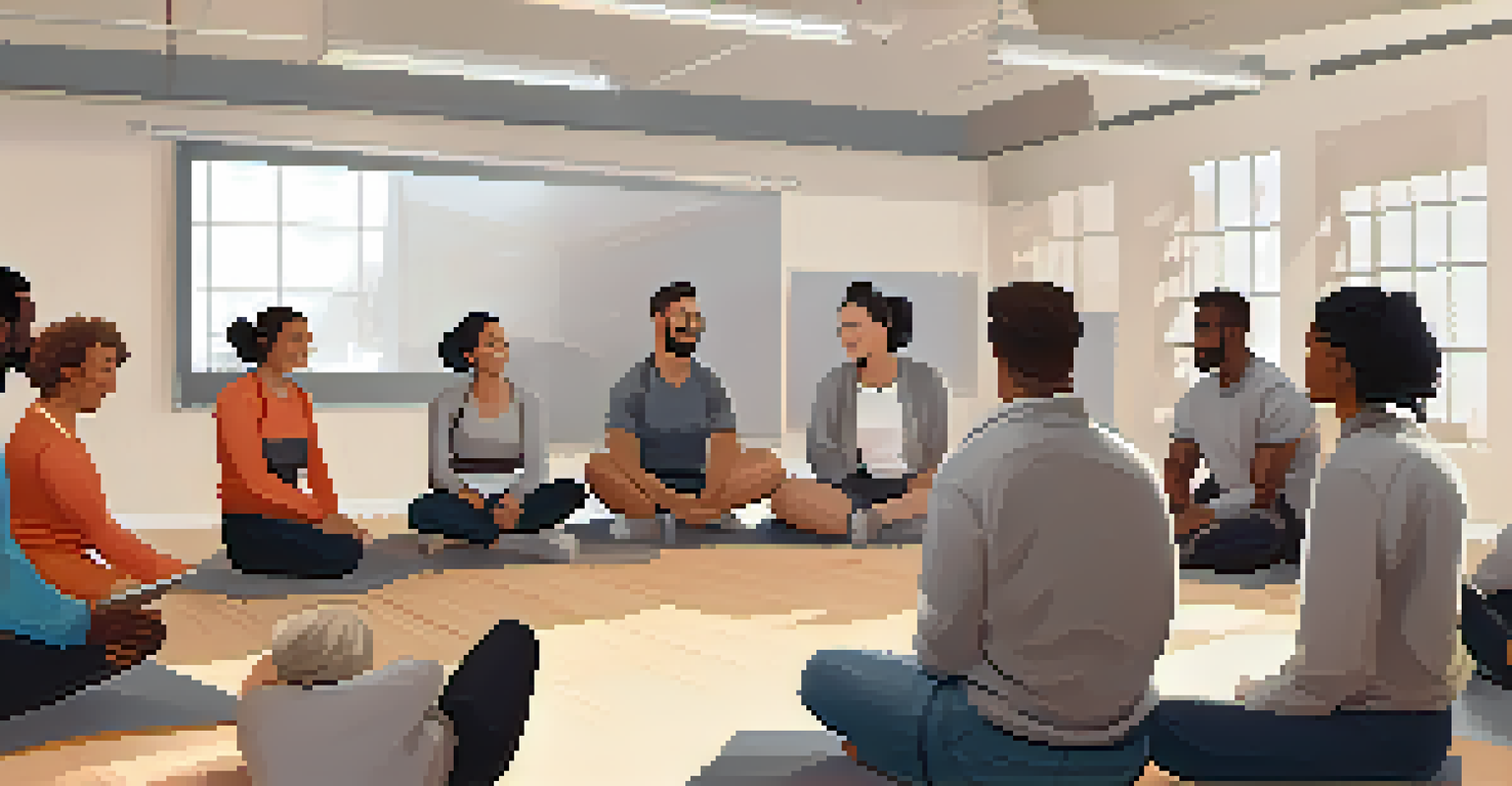 A diverse group of employees sitting in a circle, sharing experiences after a self-defense training session, with a whiteboard in the background.