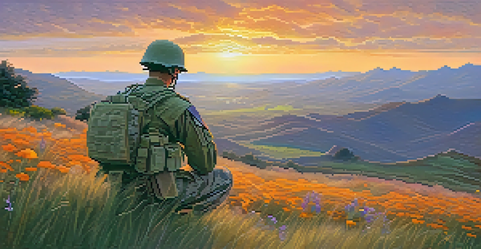A soldier sitting on a grassy hilltop at sunset, reflecting on their journey with wildflowers in the foreground.