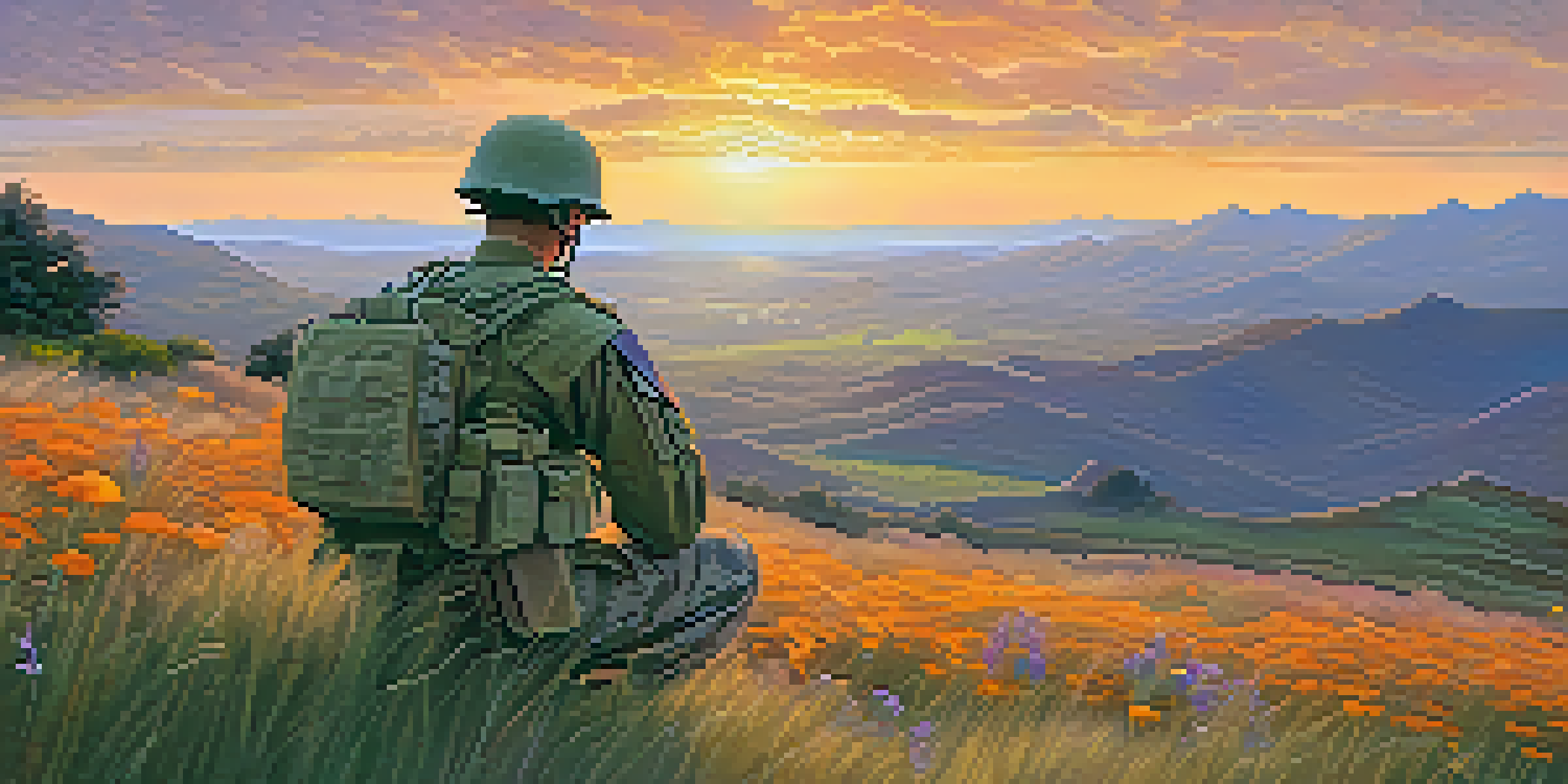 A soldier sitting on a grassy hilltop at sunset, reflecting on their journey with wildflowers in the foreground.