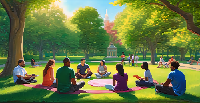 A group of diverse individuals engaged in a supportive therapy session in a park, surrounded by greenery and flowers, under warm sunlight.