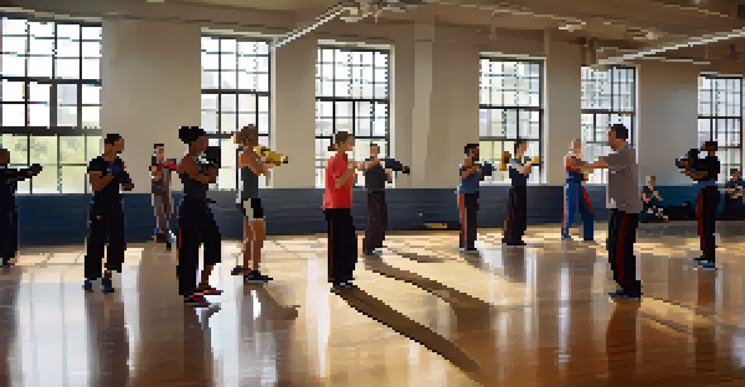 A self-defense class in a gym with diverse participants practicing techniques under an instructor's guidance.
