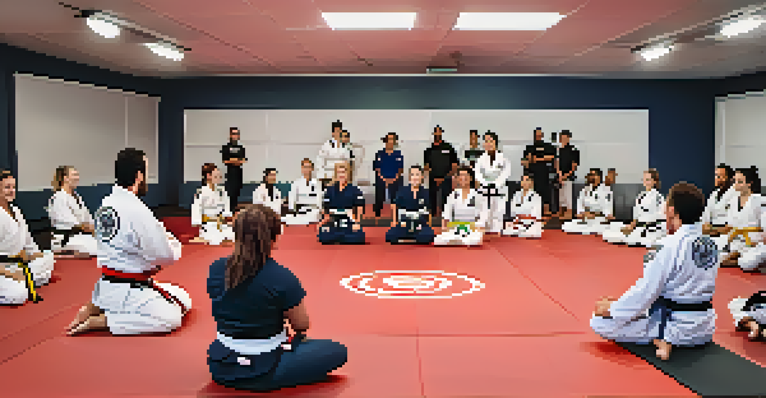 A lively self-defense workshop at a Brazilian Jiu-Jitsu school, with a female instructor teaching techniques to a diverse group of participants.