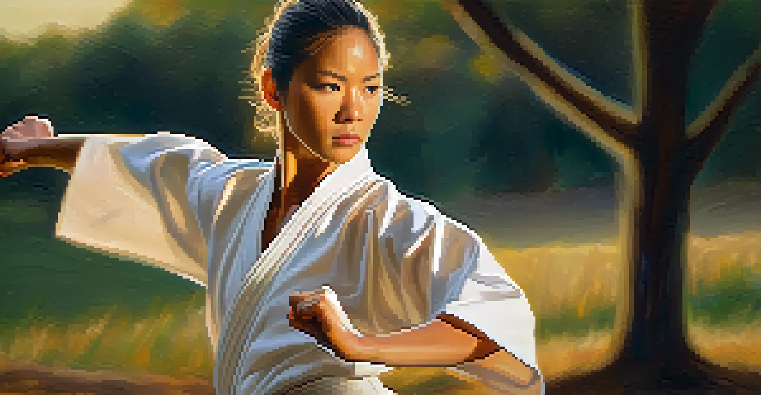A confident woman in martial arts attire striking a pose outdoors during sunset, showcasing strength and determination.