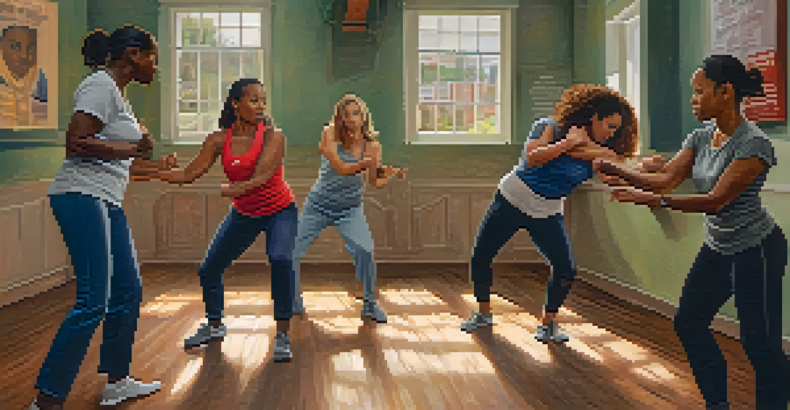 A small group of women in a warmly lit room, observing a demonstration of a self-defense knee strike during a workshop.