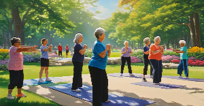 A group of seniors practicing self-defense techniques in a sunny park, with an instructor demonstrating a move.