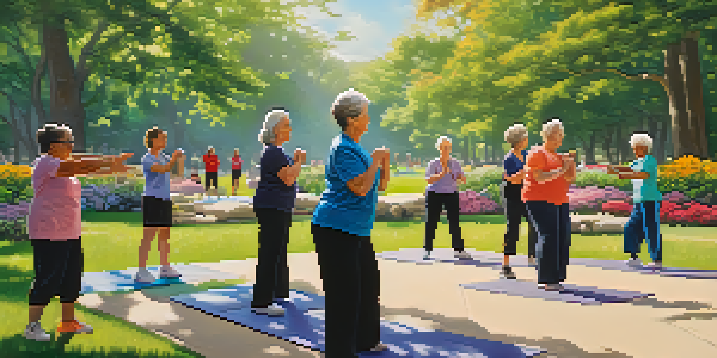 A group of seniors practicing self-defense techniques in a sunny park, with an instructor demonstrating a move.
