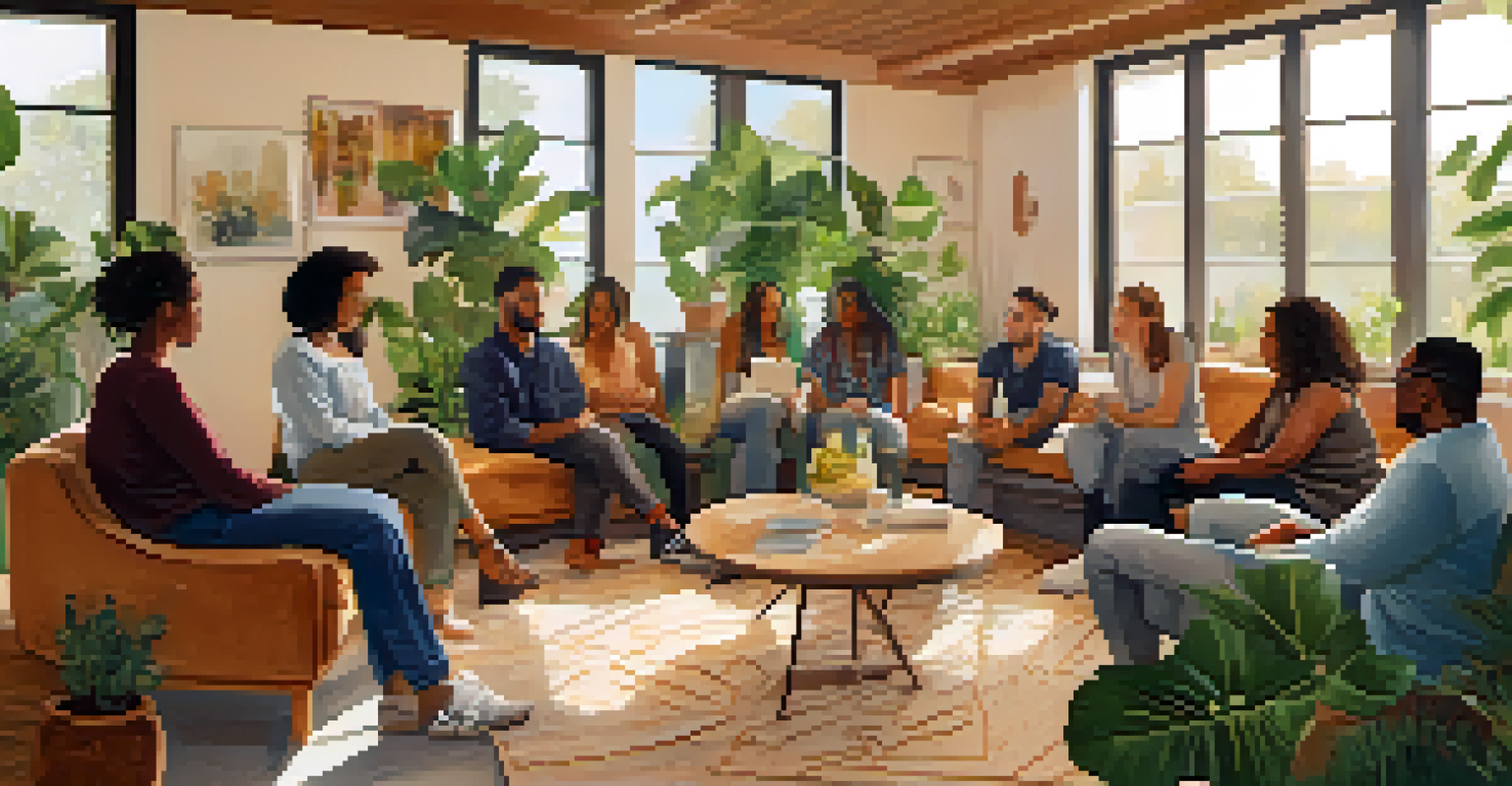 A group of individuals sitting in a circle, discussing and practicing verbal de-escalation techniques in a cozy room.