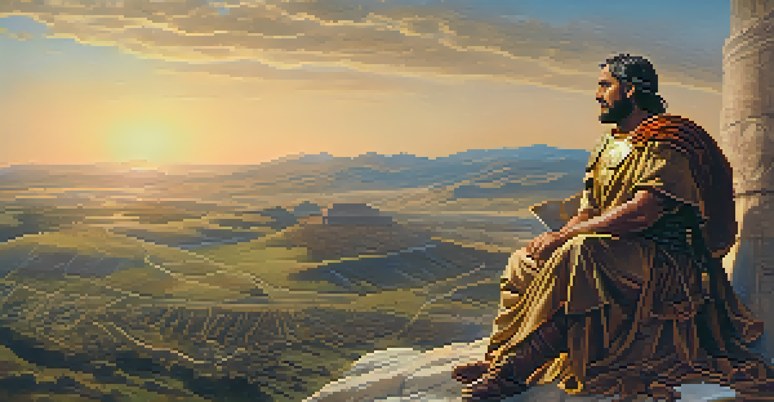 Hannibal Barca strategizing on a hillside at sunset, with maps and war tools, overlooking a vast battlefield.