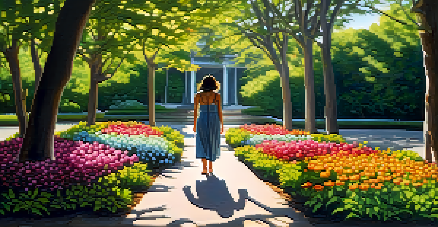 A person walking slowly on a path surrounded by greenery and flowers, practicing walking meditation.