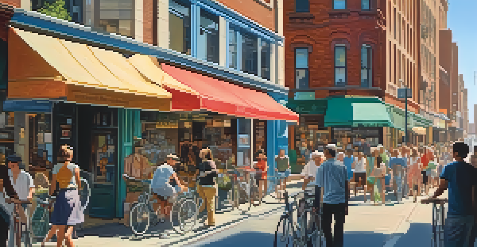 A lively city street filled with diverse people and colorful storefronts under a clear blue sky.